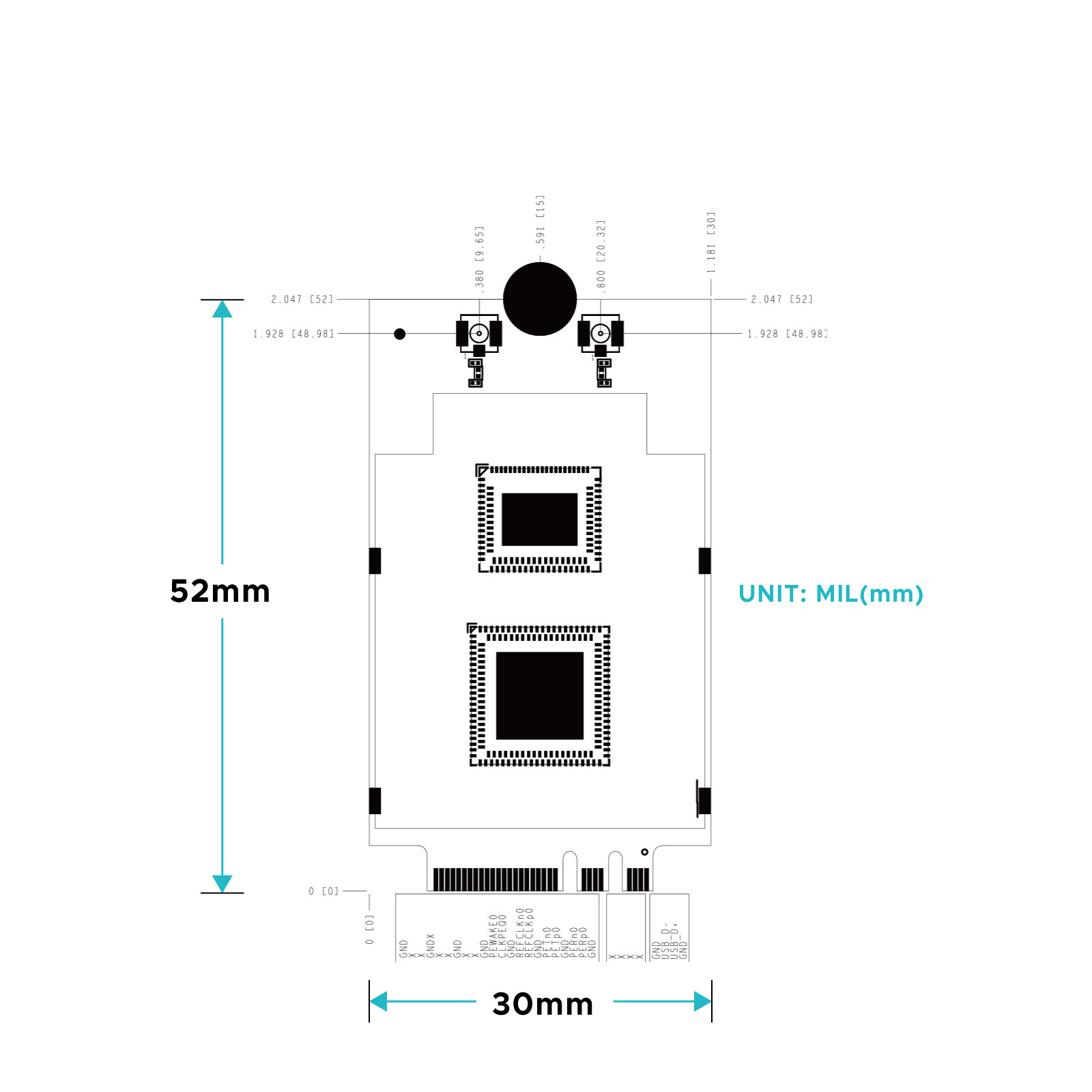 Wi-Fi 6 11ax M.2 AE Key Module AW7915-AED dimension