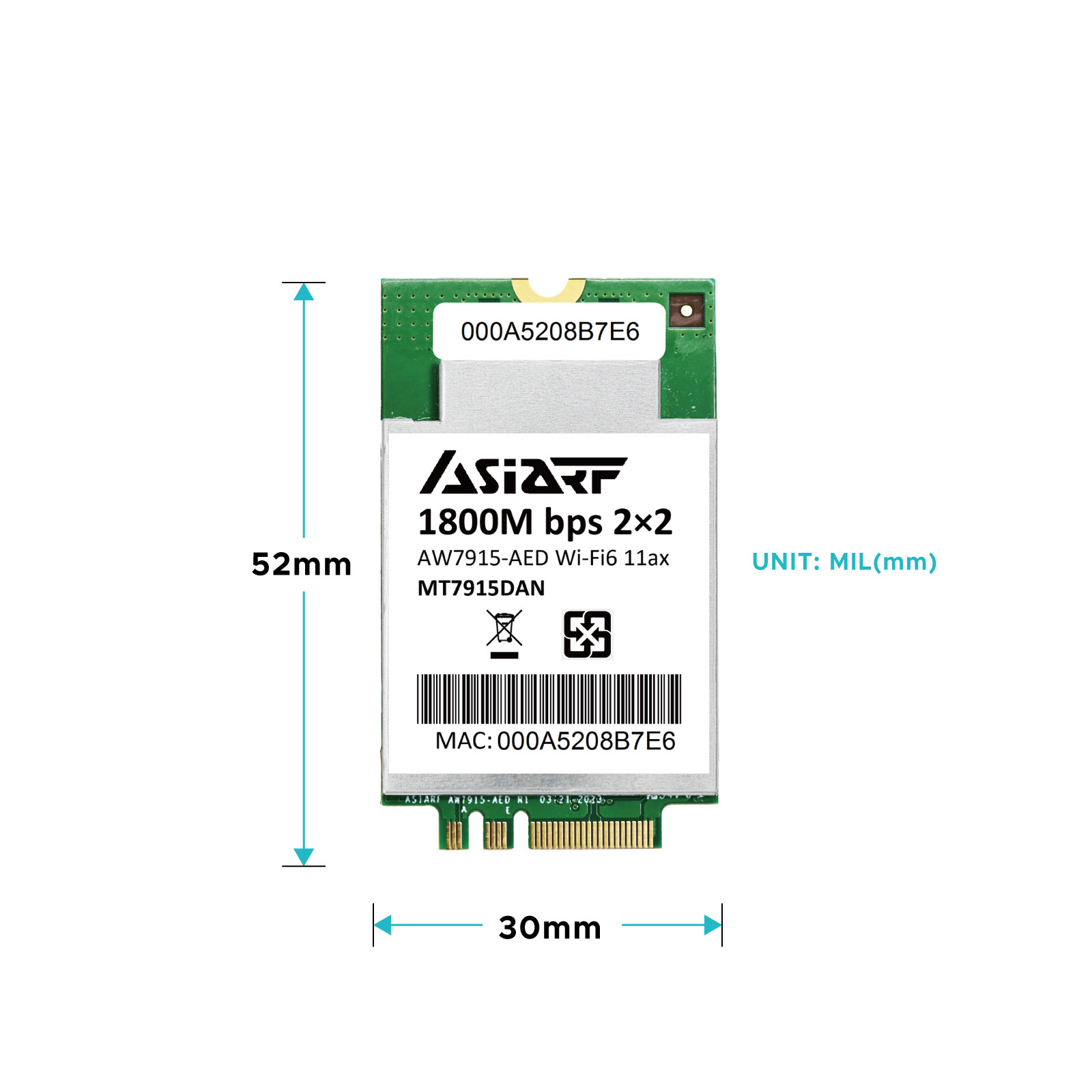 The AW7915-AED is a Wi-Fi 6 M.2 AE key Module with a Mediatek MT7915DAN chipset, supporting a PHY rate of 573+1201 Mbps in 2.4GHz and 5GHz bands, compliant with IEEE 802.11ax/ac standards.