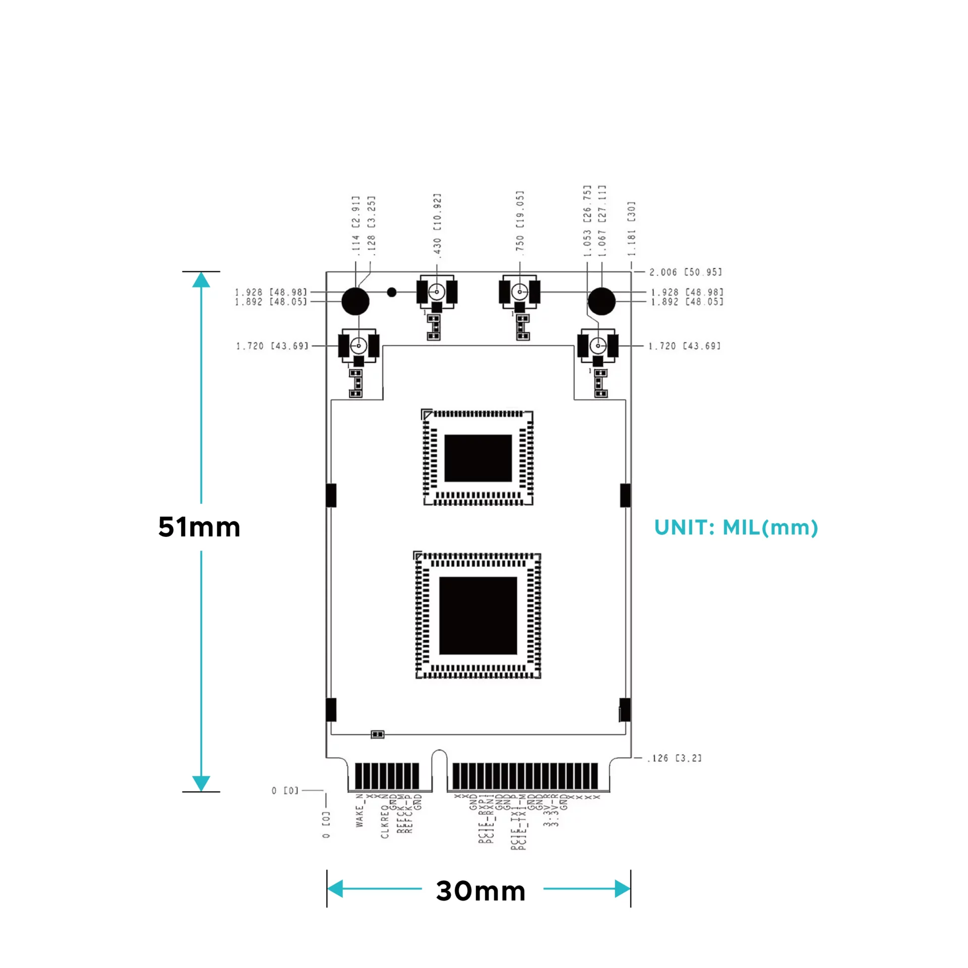 AW7915-NP1 Wi-Fi 6 11ax 4T4R Mini PCIe Module_dimension