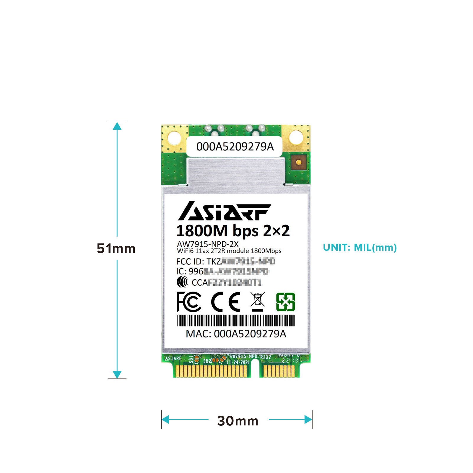 AW7915-NPD-2X is a Wi-Fi 6 11ax 2T2R 1800Mbps mini PCIe Module by MediaTek MT7915DAN- Dual Bands Dual Concurrents DBDC IEEE802.11ax / ac / a / b / g / n 2.4 GHz / 5 GHz