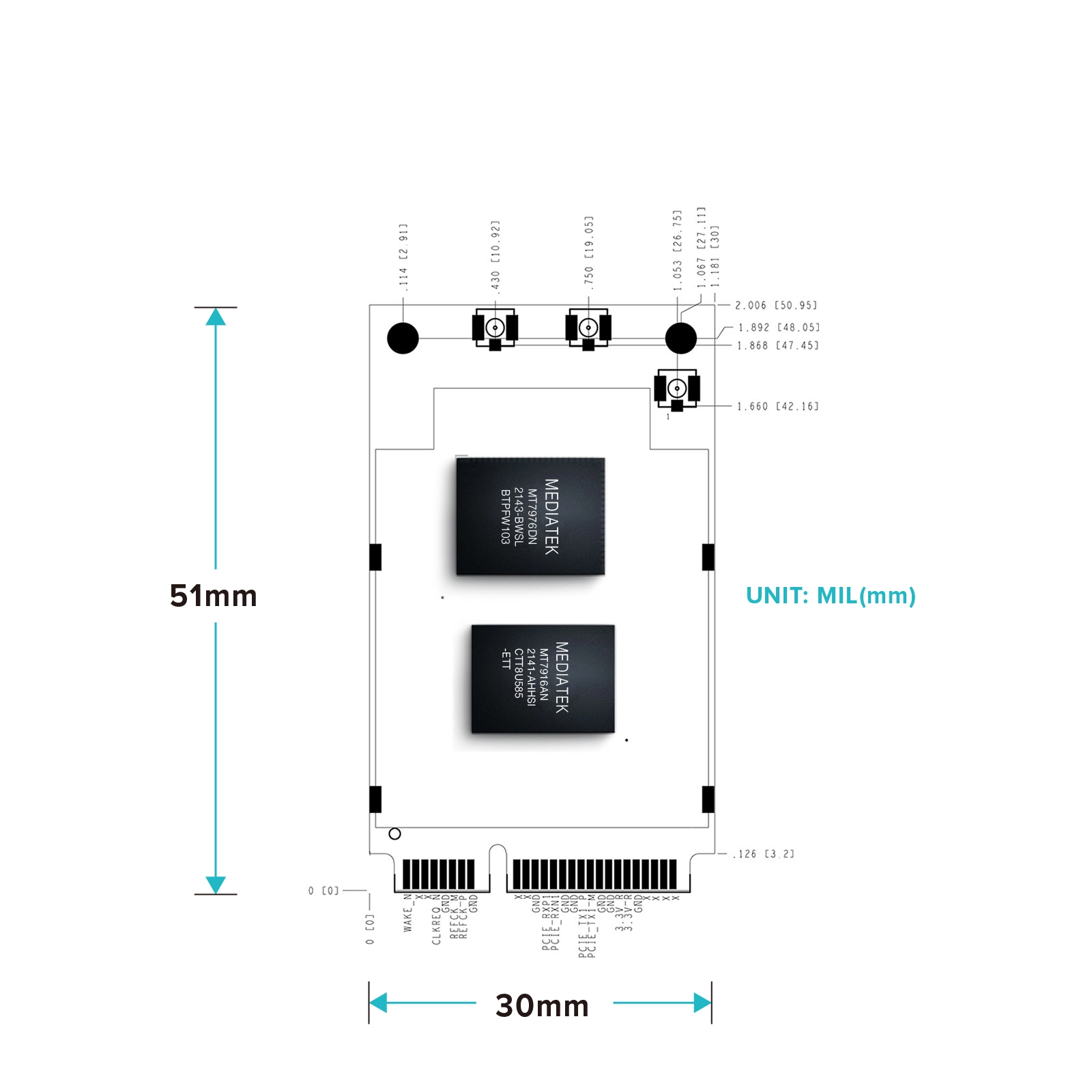 AW7916-NPD Wi-Fi 6E AX3000 Mini PCIe Module_dimension