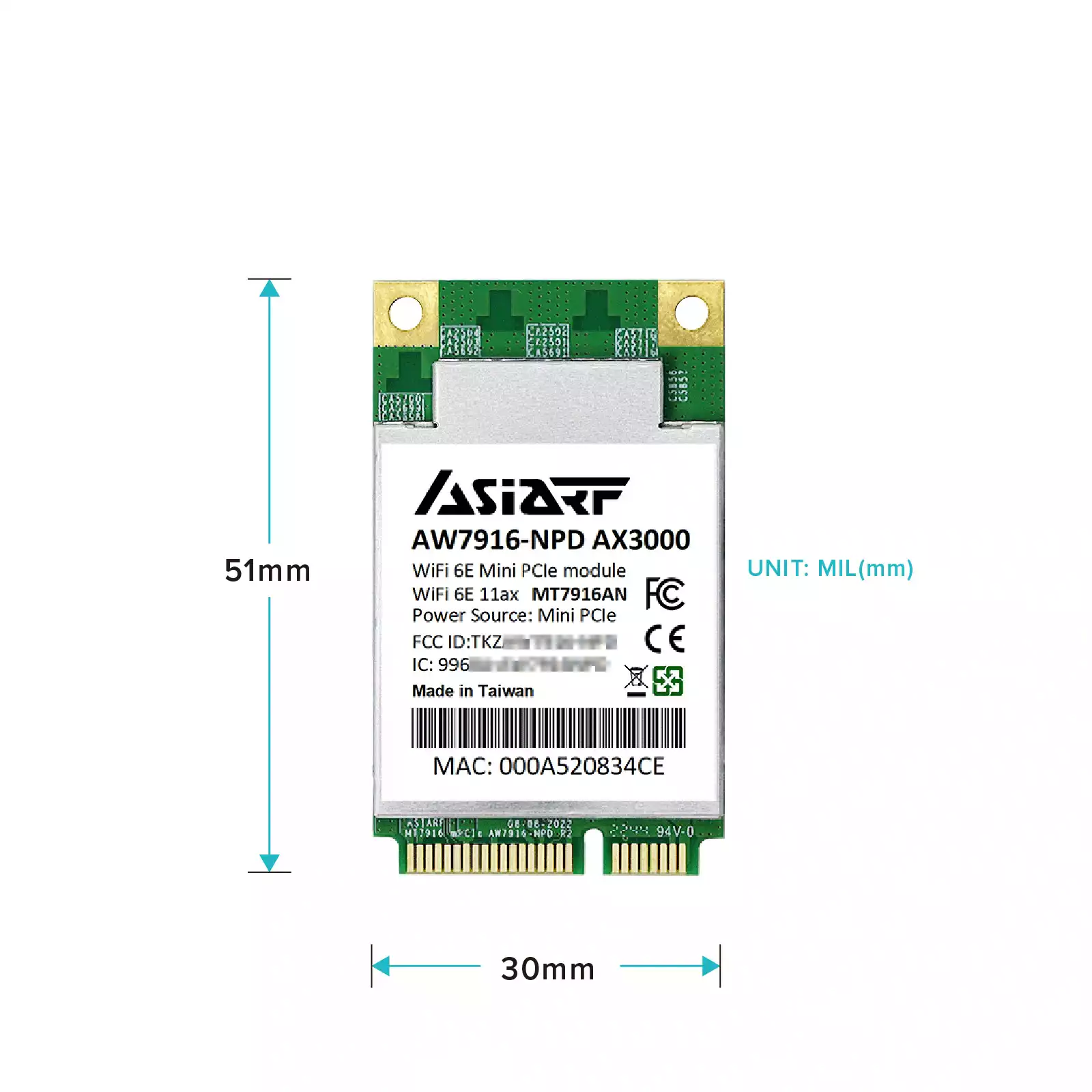 AW7916-NPD Wi-Fi 6E AX3000 ミニ PCIe モジュール_サイズ