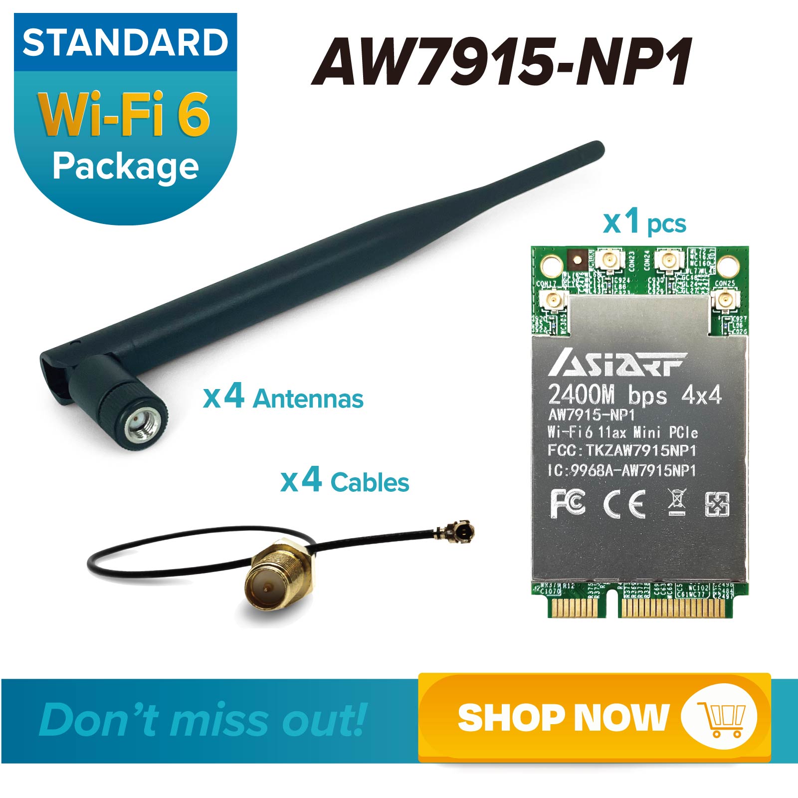 【Wi-Fi 6 STANDARD Package】Wi-Fi 6 11ax 4T4R Mini PCIe Module AW7915-NP1, Precision Coaxial Cables, and Wi-Fi Antenna Dipole dual bands 2.4/5GHz 2s