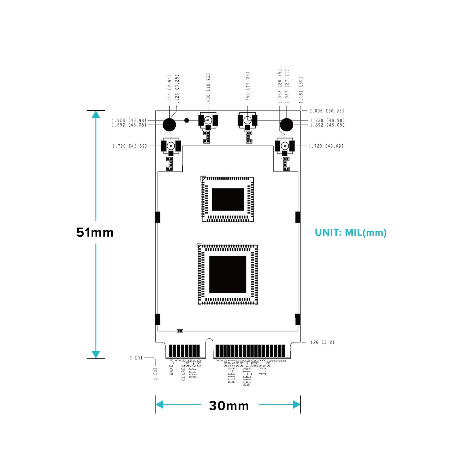 【Wi-Fi 6 STANDARD Package】Wi-Fi 6 11ax 4T4R Mini PCIe Module AW7915-NP1, Precision Coaxial Cables, and Wi-Fi Antenna Dipole dual bands 2.4/5GHz-Aw7915 Np1 Pins Out-Aw7915 Np1 Dimension