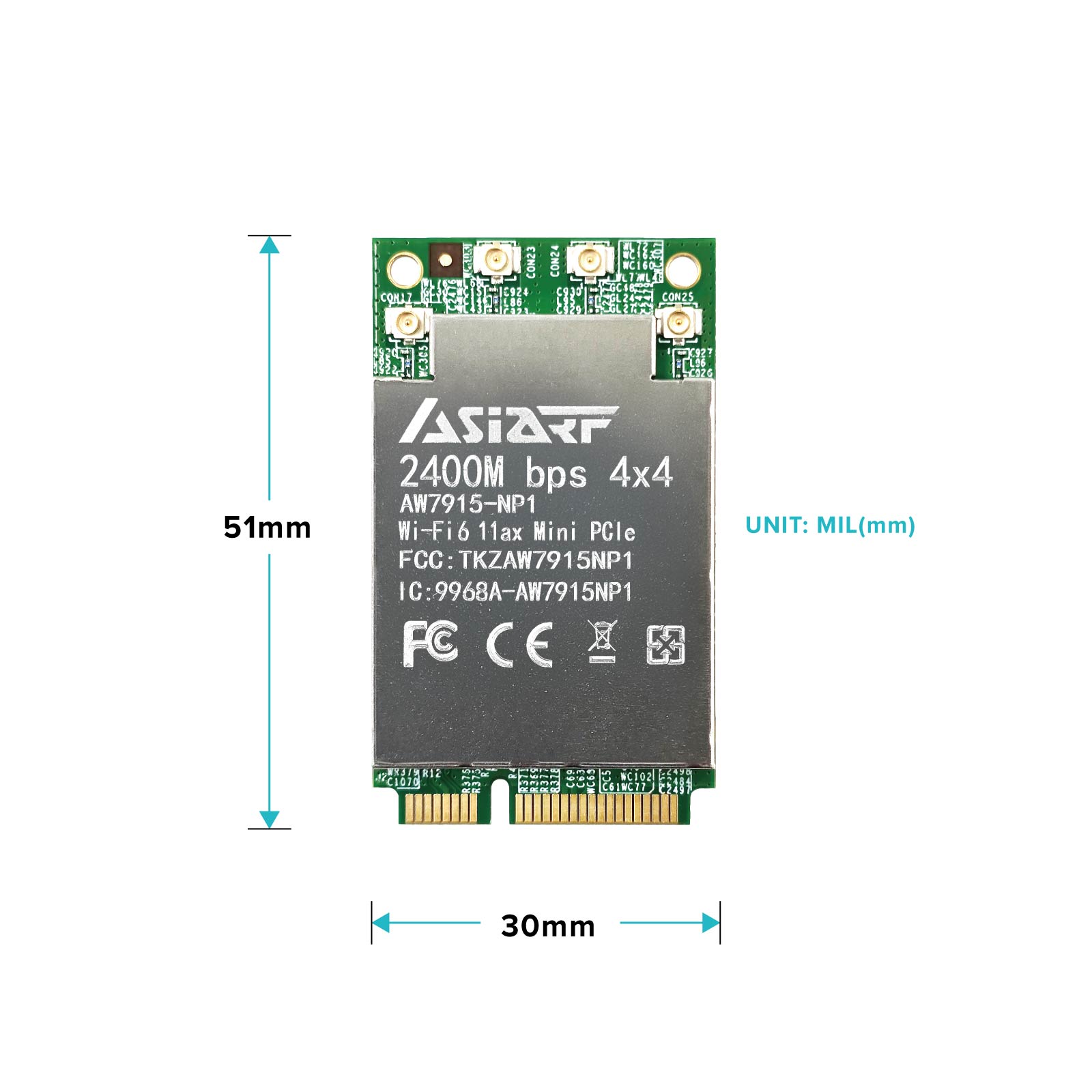 【Wi-Fi 6 STANDARD Package】Wi-Fi 6 11ax 4T4R Mini PCIe Module AW7915-NP1, Precision Coaxial Cables, and Wi-Fi Antenna Dipole dual bands 2.4/5GHz-Aw7915 Np1 Size