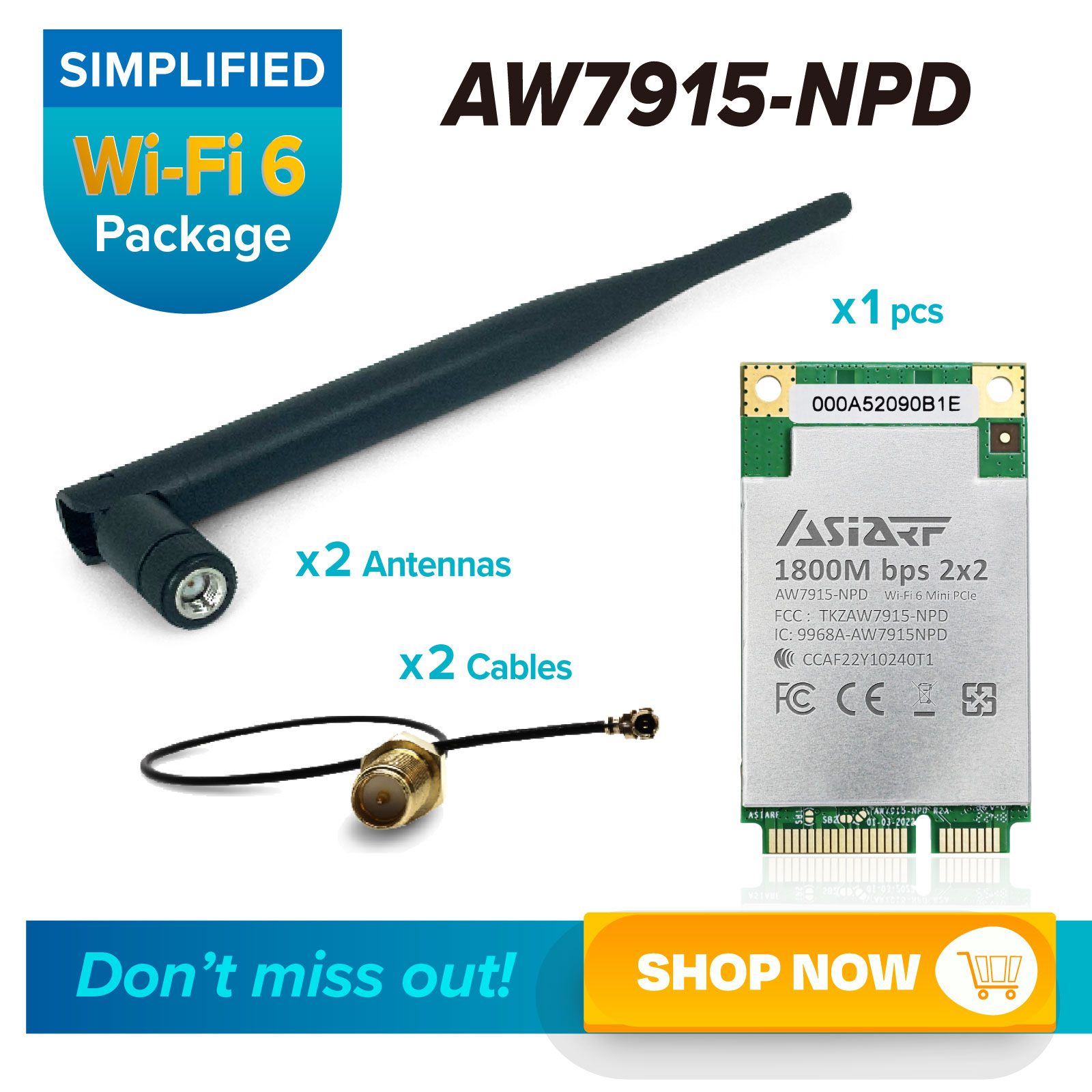 【Wi-Fi 6 SIMPLIFIED Package】11ax 2×2 DBDC 1800Mbps Mini PCIe Module AW7915-NPD, Precision Coaxial Cables, and Wi-Fi Antenna Dipole dual bands 2.4/5GHz-Aw7915 Npd 2