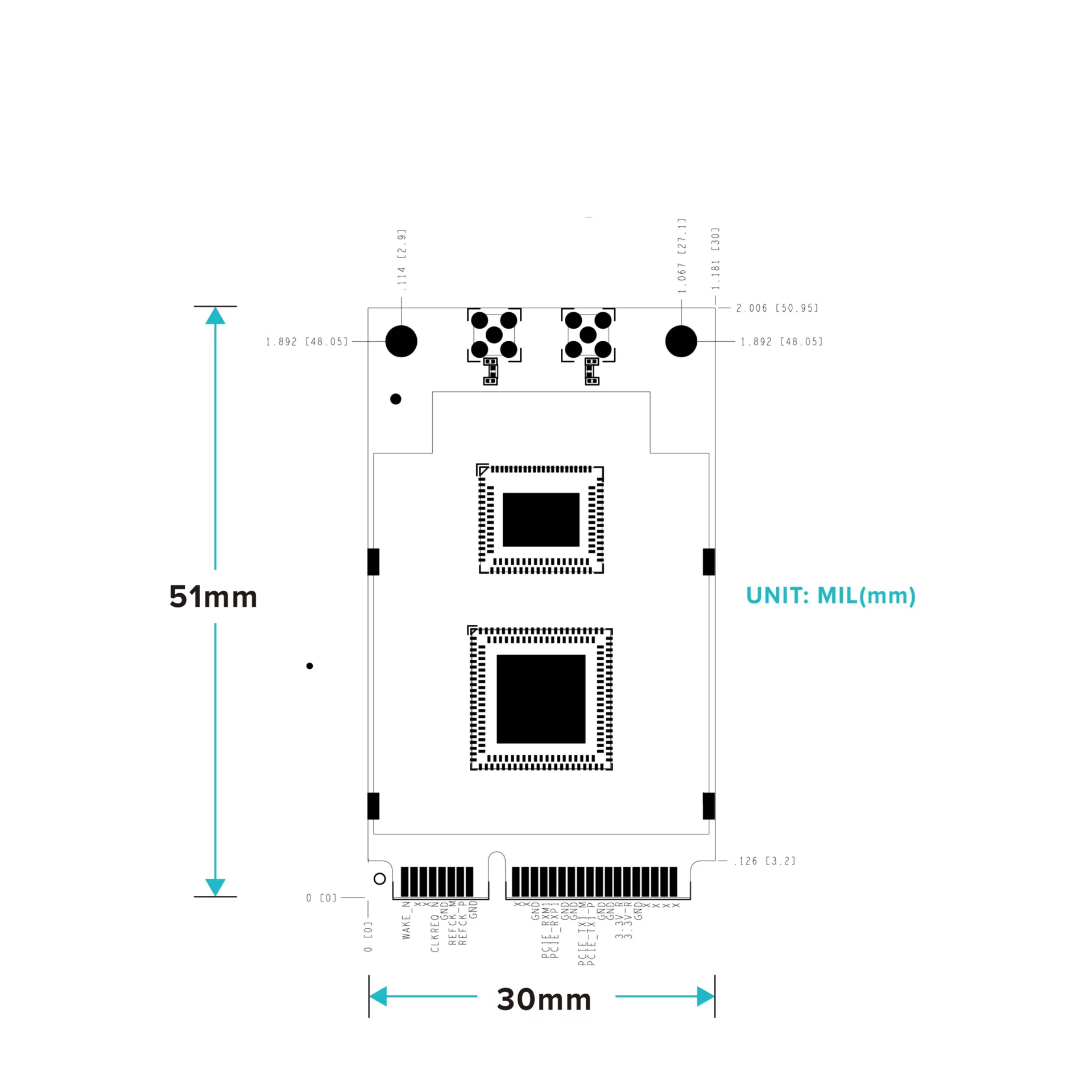 AW7915-NPD-2X Wi-Fi 6 11ax 2x2 DBDC 1800Mbps ミニ PCIe モジュール (MediaTek 製) MT7915_寸法