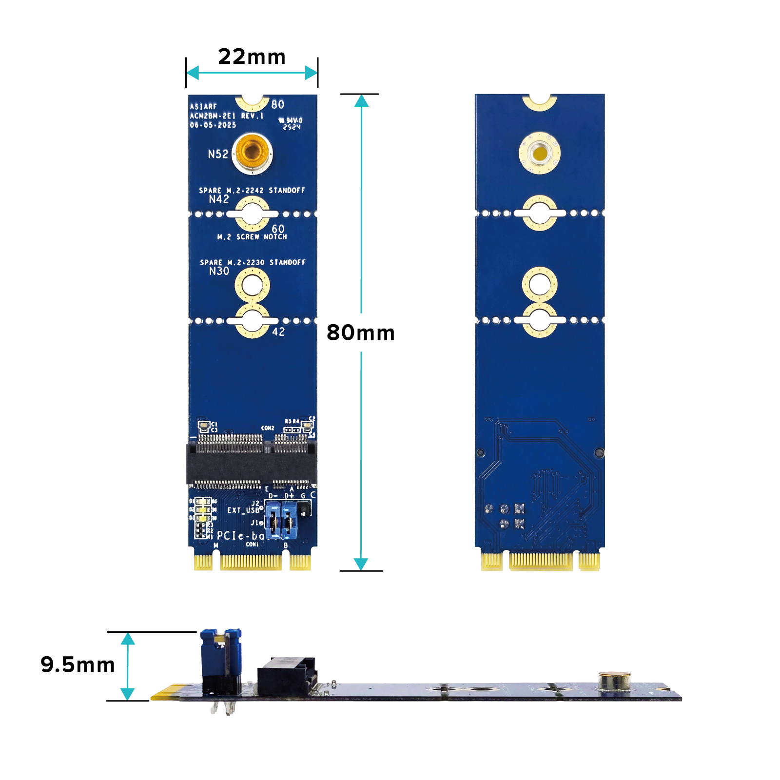 M.2 B+M Key To M.2 A+E or E Key Adapter ACM2BM-2E1_Size