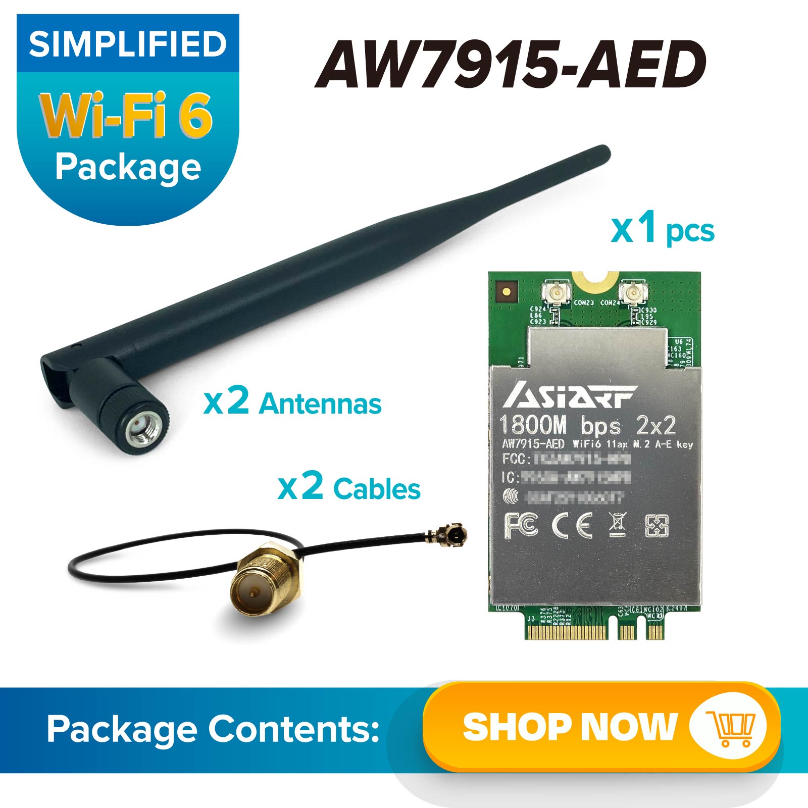 【Wi-Fi 6 SIMPLIFIED Package】11ax 2×2 DBDC 1800Mbps Mini PCIe Module AW7915-AED, Precision Coaxial Cables, and Wi-Fi Antenna Dipole dual bands 2.4/5GHz